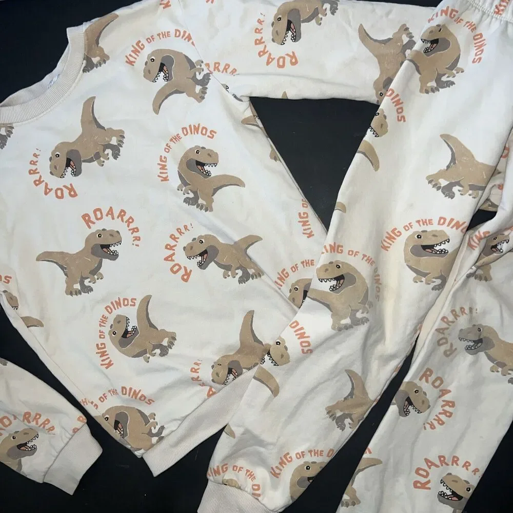 H&M BOYS 6-8 CREWNECK+JOGGERS dinosaur King Of Dinos ROAR BEIGE Cotton Fleece HM - Picture 2 of 5